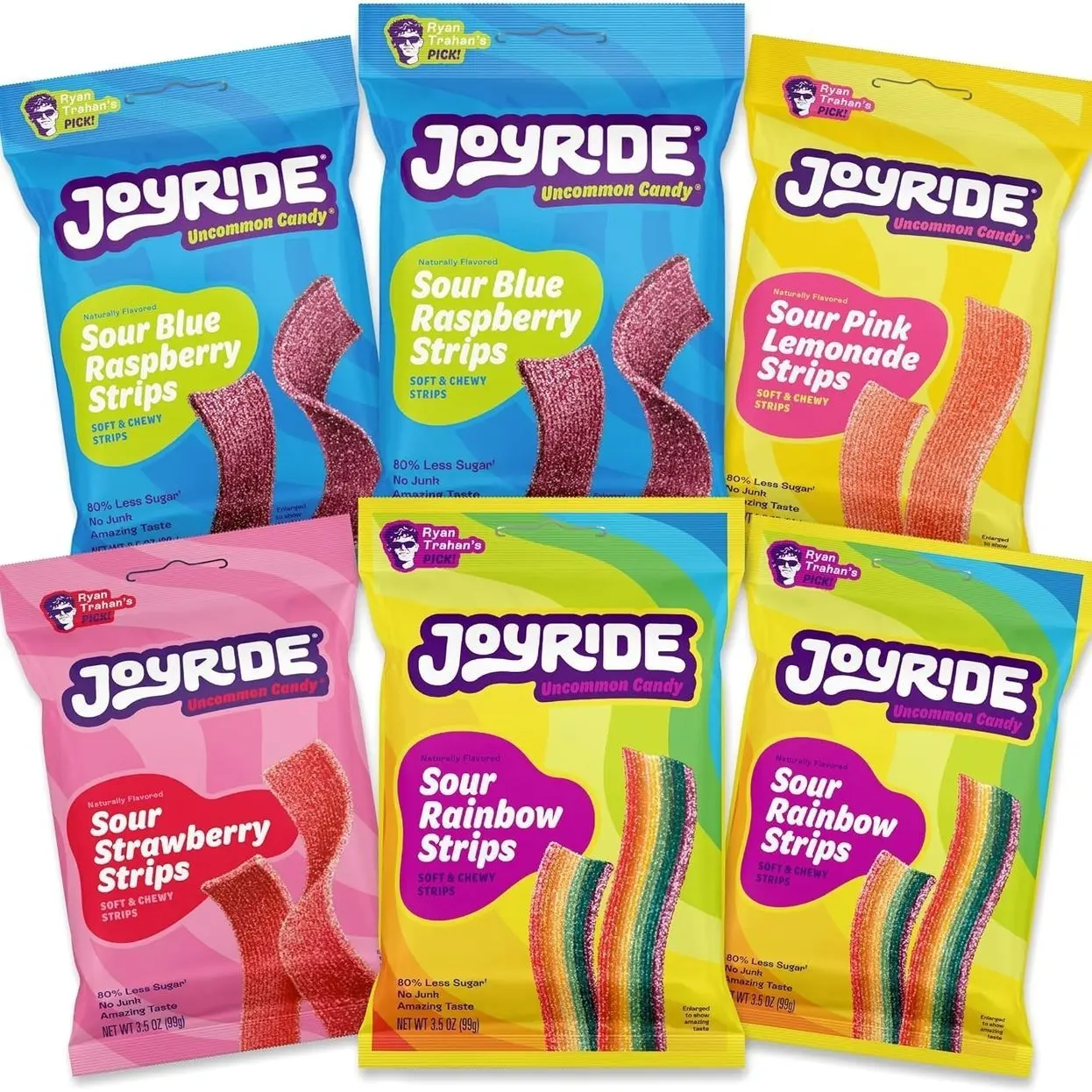JOYRIDE Sour Strips Variety Pack - Sour Belt Candy, 6-Pack Bundle | Includes Blue Raspberry, Strawberry, Pink Lemonade, and Rainbow.Low Sugar, Dye Free, Low Calorie Sour Gummies