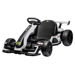 24V electric drift ride-on kart for kids, built-in 300W motor and big battery, reaches 8.5MPH, fitted with EVA tires and adjustable frame length, drift & sport dual modes, brake pedal and LED lights, safe outdoor racing toy.