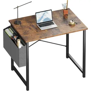 40 Inch Computer Desk with Storage Bag - Home Office Gaming Desk for Bedroom, Sturdy Steel Frame - Writing Study Table with Reversible Side Pocket - Black/White/Rustic Brown