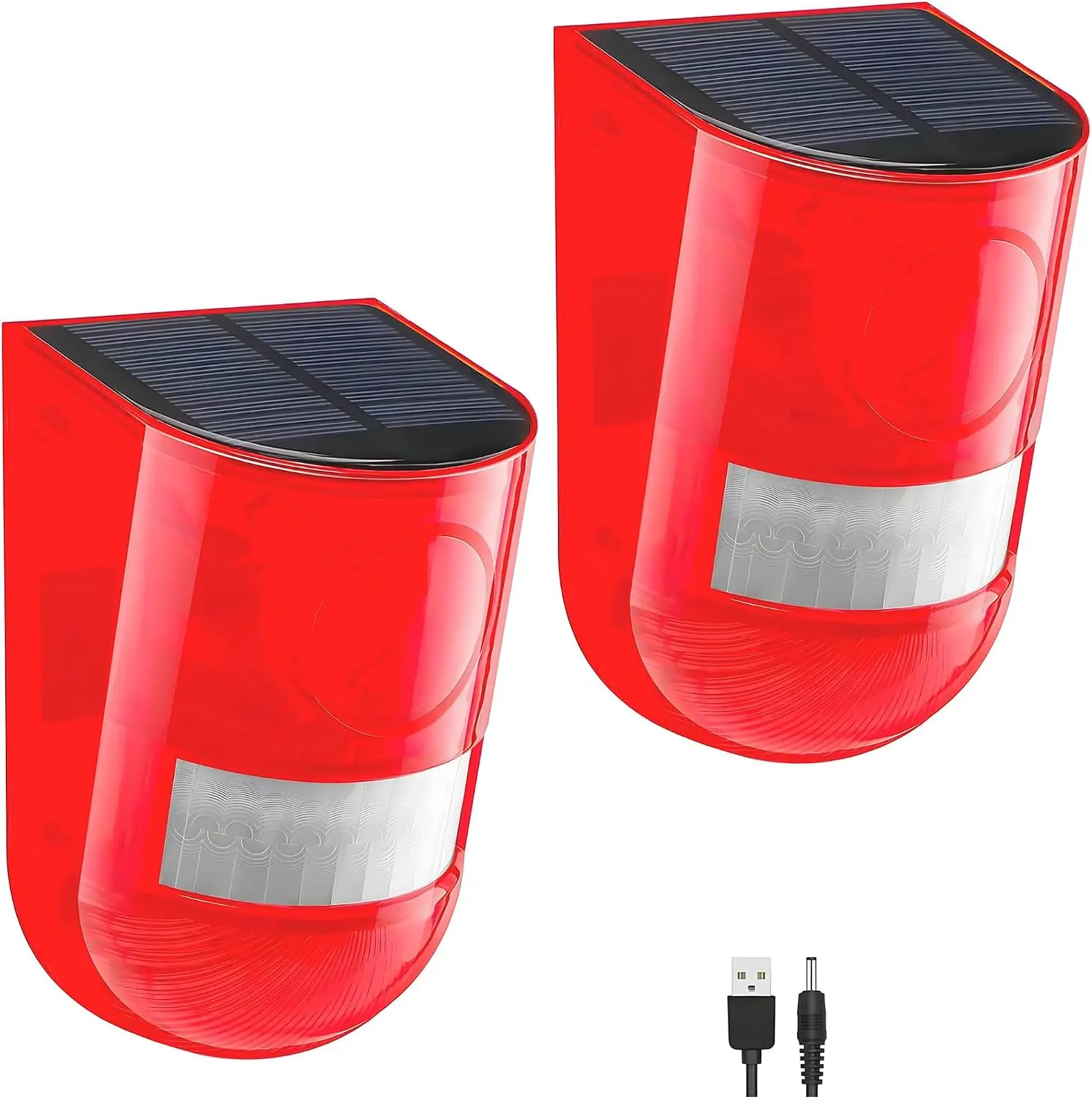 Solar Motion Sensor Alarm Outdoor, 129dB Solar Sound & Light Alarm with 6 LED Flashing Strobe, Wireless PIR Security Siren for Farm, Chicken Coop, Garage & Home Security, USB Rechargeable - 2 Pack