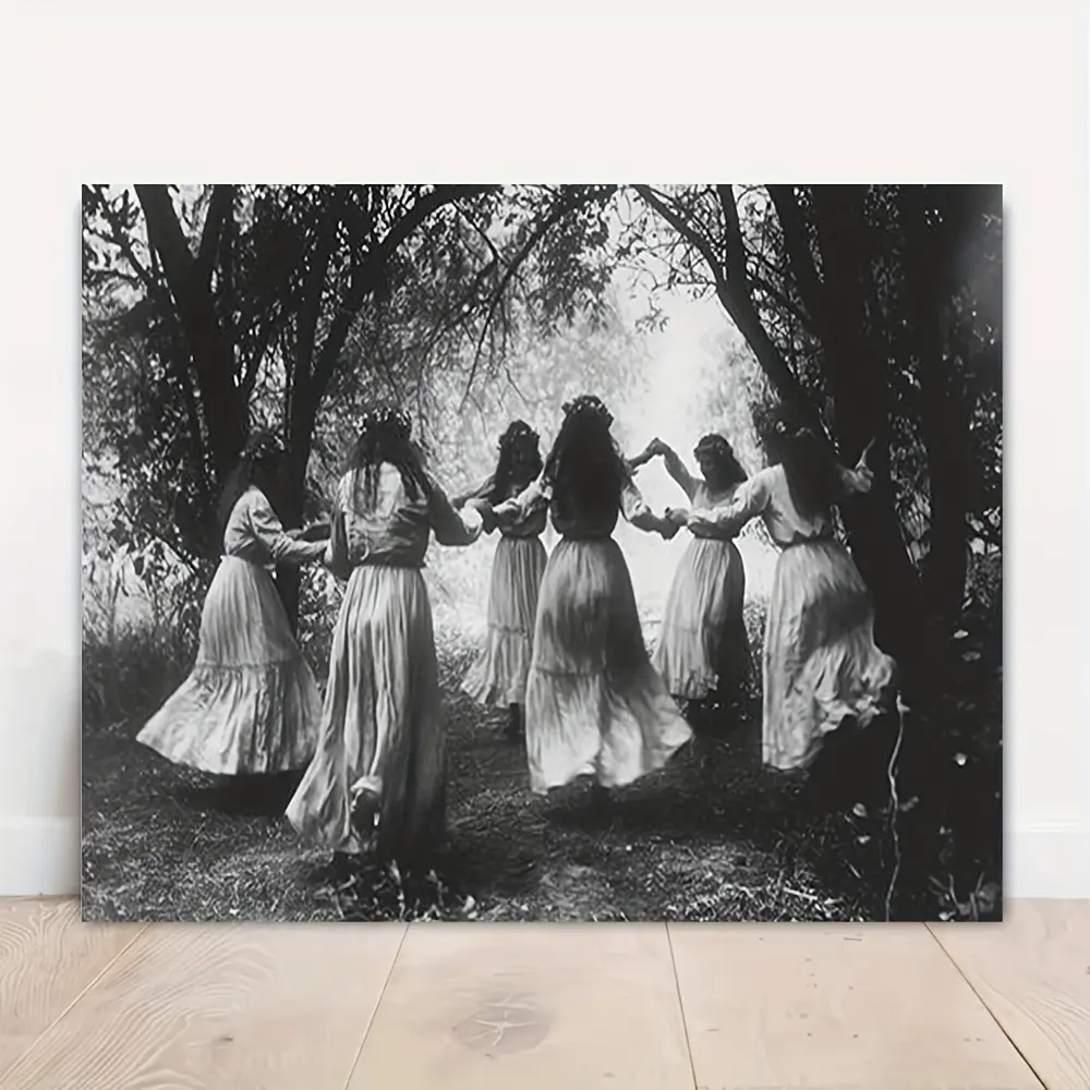 Frameless Gothic Witchcraft Canvas Wall Art - Dancing Witch's Ring Dark Photography Print, 2D Flat-Wrapped Wood Decor, Occult Theme Room Decoration with Hanging Hooks, Vintage Witchy Home Hanging