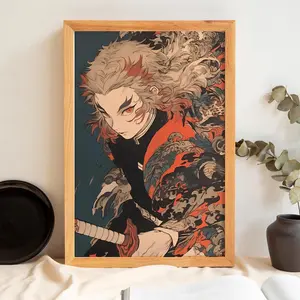 Flame Sword Warrior Anime Poster, Japanese Manga Wall Art, Fire Samurai Illustration, Bold Otaku Room Decor, Anime Wall