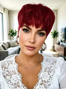 Short Pixie Cut Human Hair Wig With Bangs Full Machine Made 150% Density Natural Black Orange 99J Colored Soft Stylish Daily Wear Wig