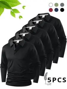 Men's Classic Collar Pique Polo Shirt Set, Five Black Ones, Simple Plain Solid Color, Lazy Style, Casual Versatile, Long Sleeve, Leisure Commute Sport Wear