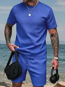 Men's Textured Short Sleeve Round Neck T-Shirt + Drawstring Shorts 2-Piece Set, Casual Summer, Home & Travel Style, Streetwear Sports Set