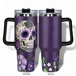 1pc 40oz/30oz/22oz/20oz Cup Thermos Cup, Insulated Mug, Stainless Steel Vacuum Insulated Thermo Tumbler Reusable Cup With Sugar Skull and Floral Pattern Design, Leakproof Large Capacity, Needed for Gym, Hiking, Travel Ideal Birthday Christmas Gift
