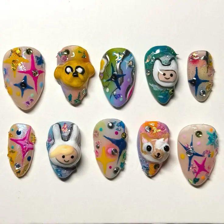 Adventure Time Press On Nails, Finn Jake 3D Cartoon Fake Nails, Sparkling Galaxy Space Nail Art, Cute Kawaii Handmade Reusable Nail Set | Gift Set (Adhesive Tabs, Nail File, Cuticle Stick)