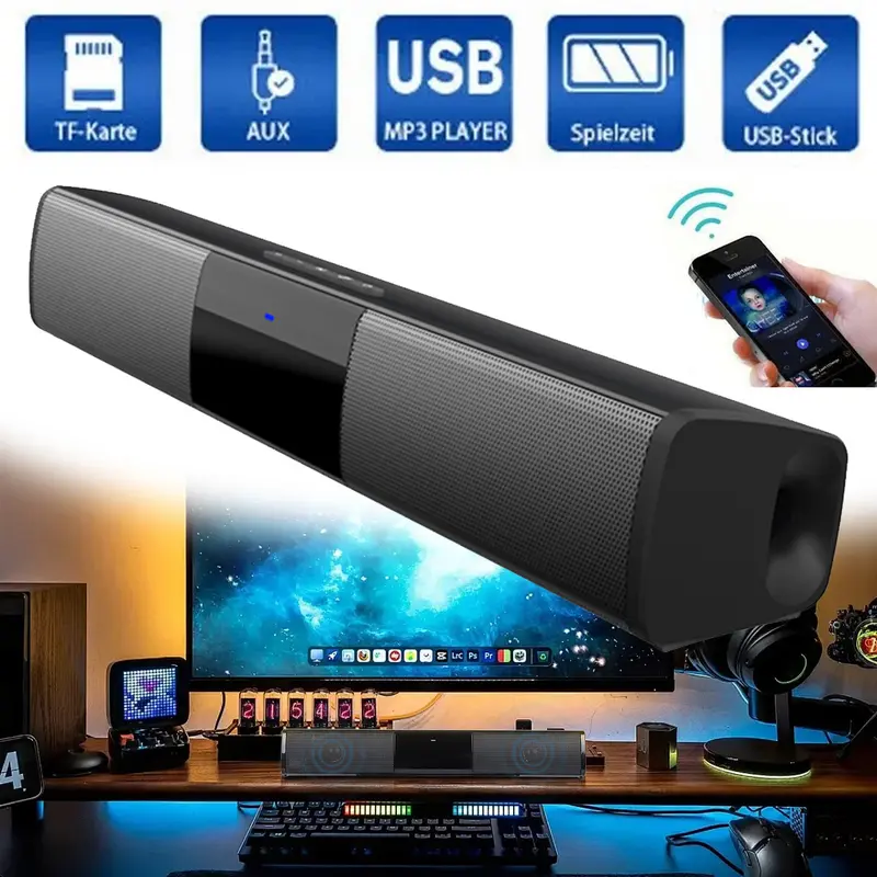 DAZONE Home Theater Surround Sound Bar Speaker System - Wireless Bluetooth Subwoofer, 2x5W Stereo Pairing Speaker, USB Rechargeable, 2000mAh Battery, Splashsafe IPX4, USB Flash Drive & 3.5mm Compatibility for Home Music Setup