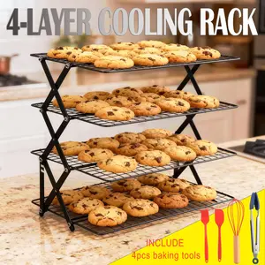4-Tier Foldable Cooling Rack With 4-Piece Baking Tools Set - Stackable Oven Cookie Cake Drying Rack, BBQ Grill Mesh Tray For Camping, Kitchen Storage & Holiday Baking Gifts (Includes Silicone Spatula, Whisk, Tongs, Basting Brush)
