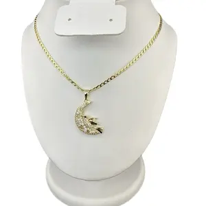 Cuban Chain with Hummingbird in Moon Pendant - Elegant Design, Simple Chain, Ideal for Everyday Wear