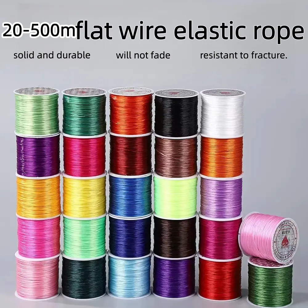 Colorful Flat Elastic Cord - 0.8mm Braided Thin Rope, Wire Beaded DIY Beading Supply for Adjustable Beaded Chain, Jewelry Crafting - 50m