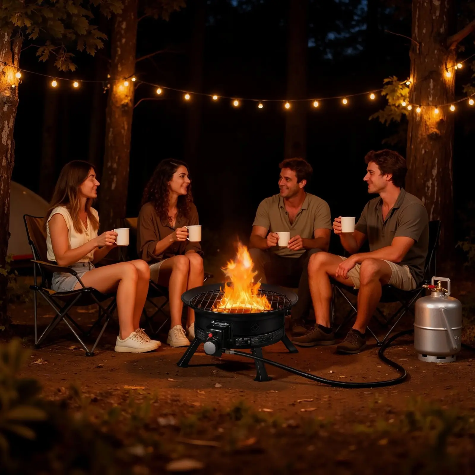 Propane Fire Pit 19-Inch, 53,000 BTU Portable Gas Fire Pit With Grill Grate And Lava Rocks, Smokeless Outdoor Firebowl, Adjustable Flame, Folding Legs, Ideal for Camping, Patio, Backyard, Deck, RV, Black