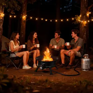 Propane Fire Pit 19-Inch, 53,000 BTU Portable Gas Fire Pit With Grill Grate And Lava Rocks, Smokeless Outdoor Firebowl, Adjustable Flame, Folding Legs, Ideal for Camping, Patio, Backyard, Deck, RV, Black