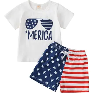 Toddler Boy 4th of July Outfit Short Sleeve T-shirt Top+American Flag Shorts Boy Independence Day Clothes