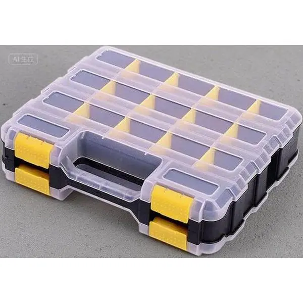 Double-Sided Plastic Tool Organizer with 34 Adjustable Compartments, Removable Customizable Dividers, Snap Lock & Top Handle – Durable Storage Box for Mechanics, Crafters, Garage Hardware, Nuts, Bolts, Screws, Nails (Yellow)