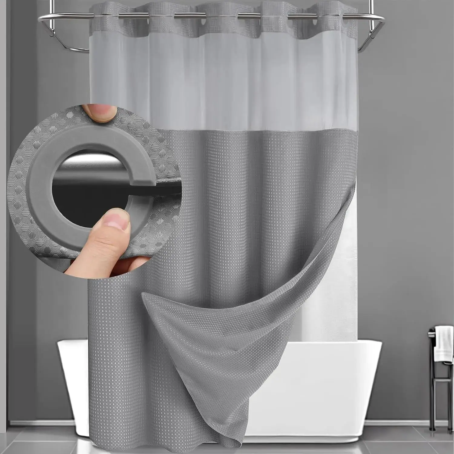 No More Hooks! Grey Double Layer Shower Curtain with Snap-in Liner, Waterproof Fabric Inner Liner, Machine Washable, 72x75 Inches, Fits Straight or Curved Rods, Easy Slide Rings – Perfect for Home, Hotel, Dorm, RV