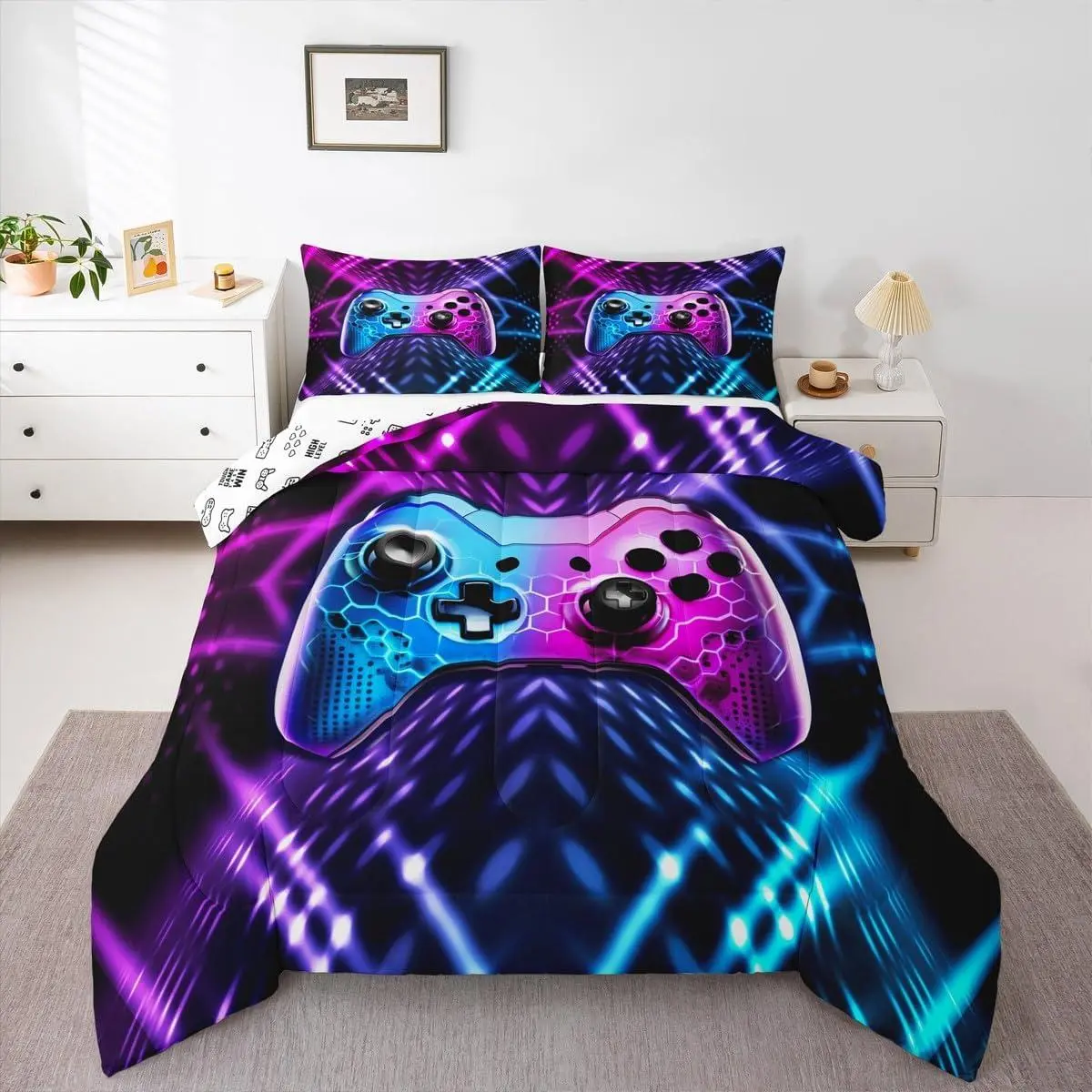 Gamer Comforter Set Gaming Bedding Set Purple Blue Geometric Game Duvet Quilt