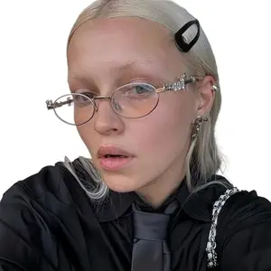 Diamond-Encrusted Oval Metal Glasses Frames, Pearl-Accent Small Frame Design, High-End Minimalist Flat Lens Eyewear