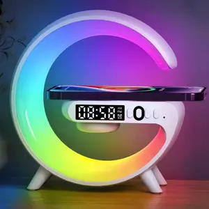 Wireless Charger Pad Stand Speaker TF RGB Night Light 15W Fast Charging Station for iPhone Samsung Xiaomi Huawei with Digital Display Electronic