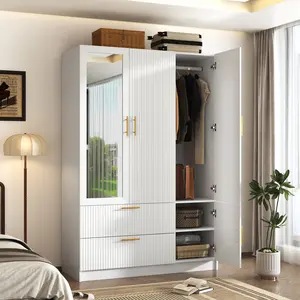 3 Doors Wardrobe Closet Armoire with Mirrors and LED Lights, 70.3" H Modern Wooden Bedroom Armoires with 2 Drawers, Large Capacity Freestanding Armoire, Black/White summervibes