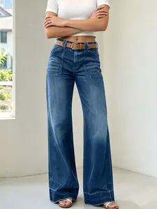 American washed blue fringed slightly flared patchwork jeans for women, mid waist, casual versatile wide leg pants