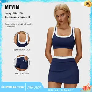MFVIM women’s sports casual set featuring a faux two-piece bra and high-waisted color-block skirt; fitness outfit
