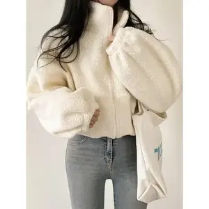 Women Sherpa Fleece Crop Coat Loose Hoodies Long Sleeve Short Jackets Sweet