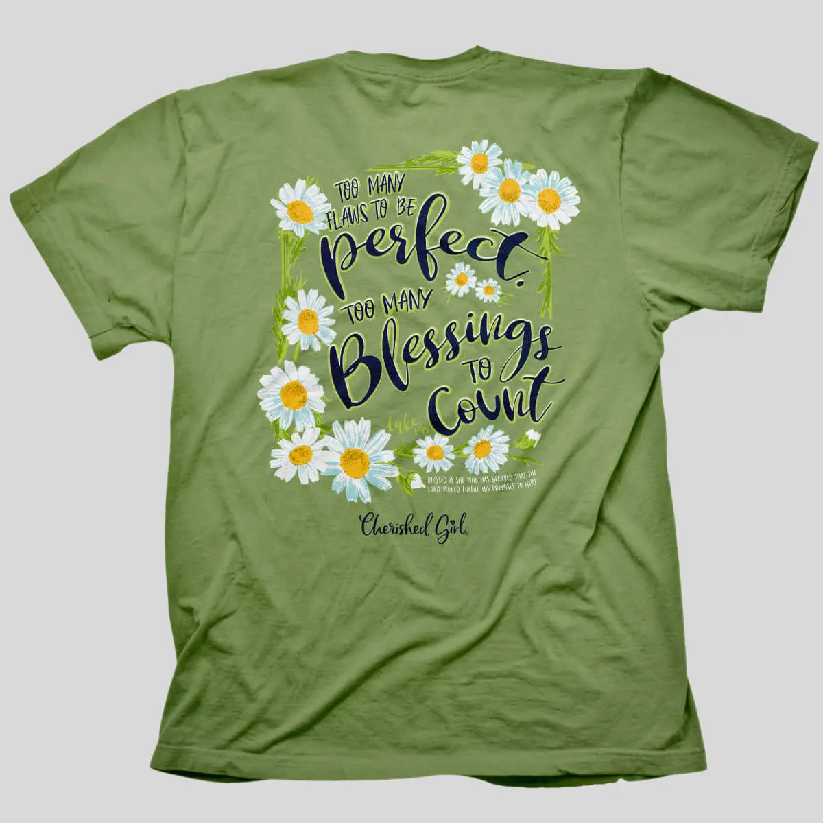 Women's Short-Sleeve Casual Daisy Floral Graphic T-Shirt - 100% Cotton Standard Fit, Round Neck, "Too Many Blessings" Inspirational Quote, Girl's Wardrobe Staples
