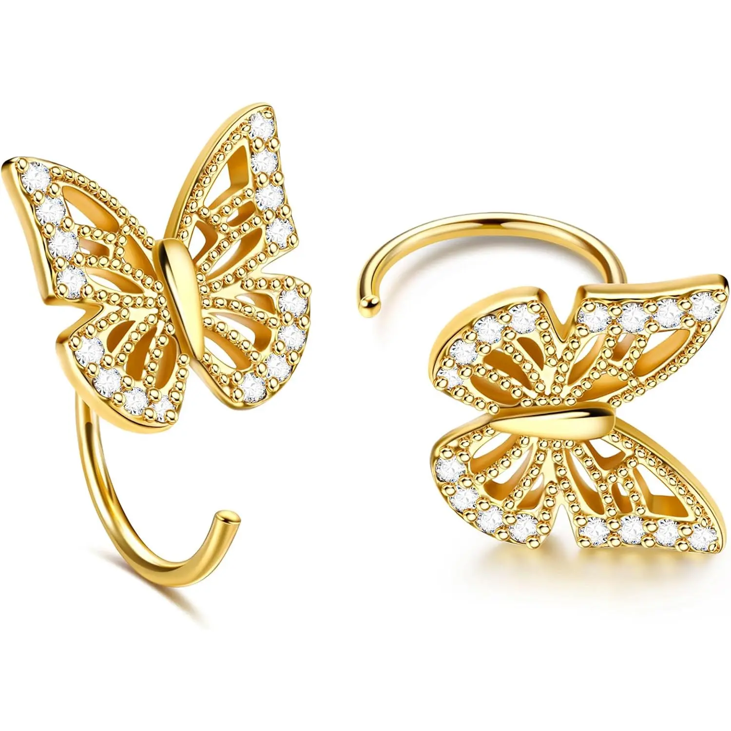 Women's 925 Sterling Silver Gold-Plated 8mm Mini Butterfly Half Hoop Earrings, Hypoallergenic Nickel and Lead Free Cubic Zirconia Jewelry for Daily Casual Wear, Mini Hoop, Half Butterfly, Female, Metal Coating, Happiness Is A Butterfly