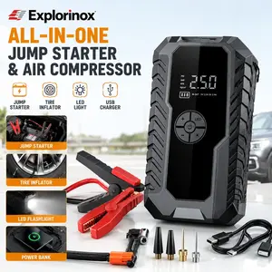 Explorinox Car Emergency Power & Air Kit, 12V Jump Starter and Wireless Tire Pump, Preset Tire Pressure, Auto Shut-Off, Compact Roadside Safety Tool for Cars, SUVs & Motorcycles