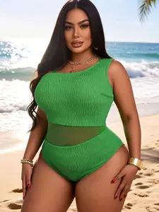 Women's Plus Size New Mesh Patchwork Solid One-Piece Fitted Chic Swimsuit, Perfect for Beach, Sea, Pool, European and American Style