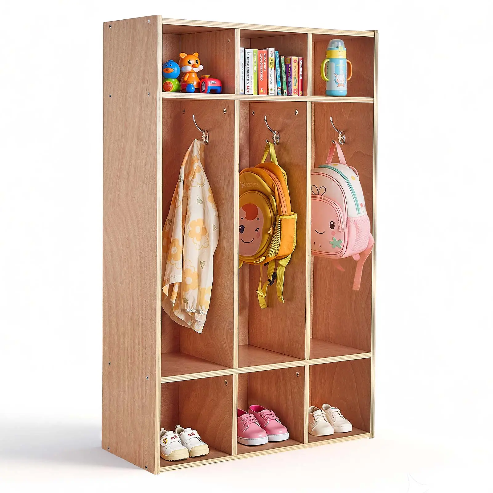 【SummerFinds】VEVOR 3-Section Kids Coat Locker Furniture, Stable Child-Friendly Height Wooden Cubby Organizer with 3 Coat Check Areas, 6 Hooks, Non-Slip Mat, 6 Small Open Boxes, Reinforced Base, Modern for Home Nursery Playrooms Interior, Children, Sturdy