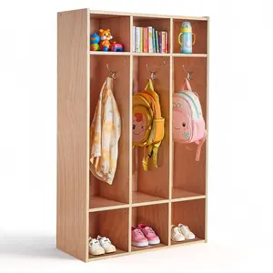 VEVOR 3-Section Kids Coat Locker, Wooden Toddler Cubby Storage Organizer with 6 Hooks & Non-Slip Mat, Modern Kid Coat Cubbies with 6 Small Open Storage Boxes for Home, Kindergarten, Daycare, Natural