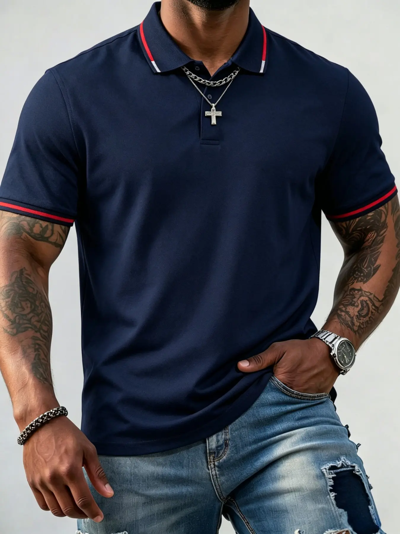 Men's Plus Size Navy Colorblock Stripe Polo Shirt Summer Polos, Casual Striped Collar Short Sleeve Top, Comfortable, Classic and Stylish Men's Apparel