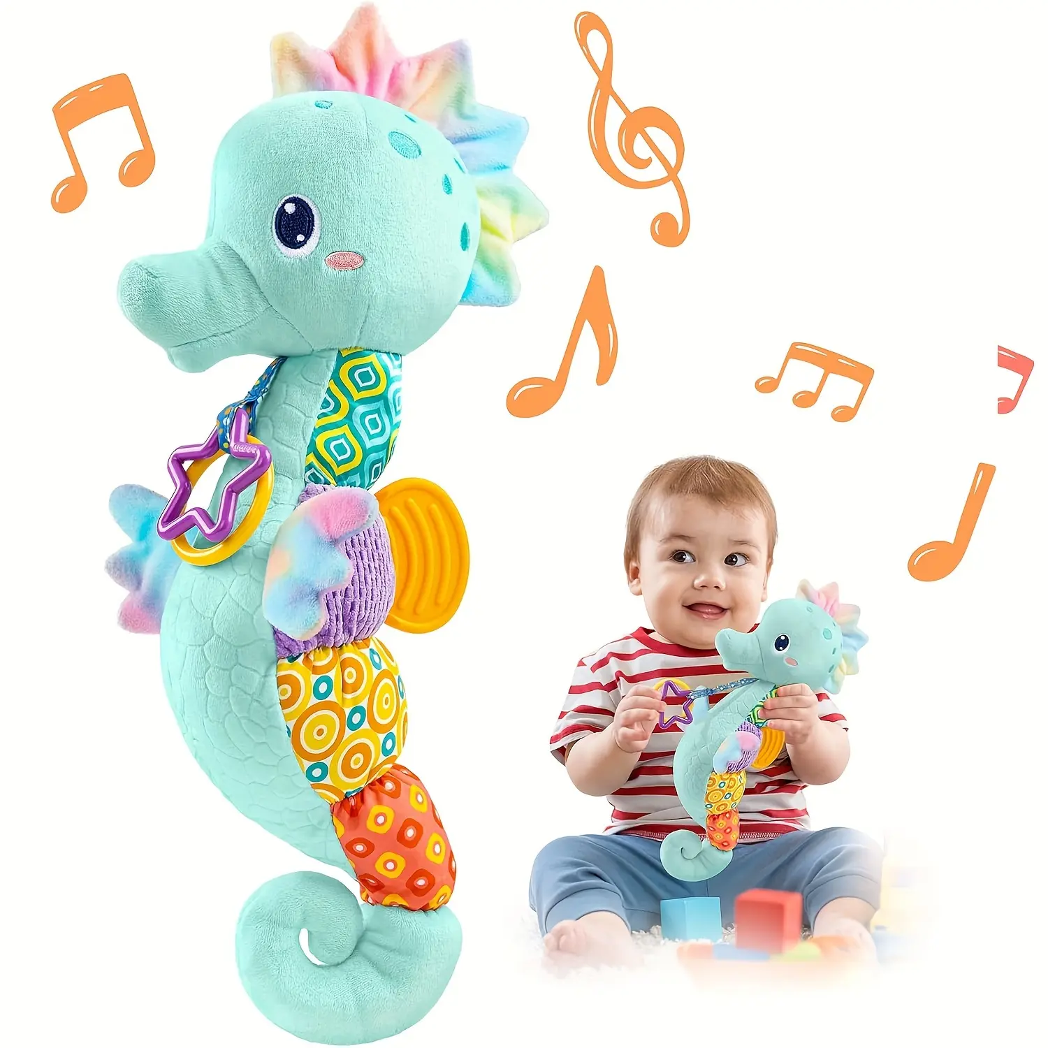 Playful Musical Rattle Seahorse Stuffed Toy for 0-3 Months Newborns - Soft Fabric Rattle Maracas Sensory Toy with Music, Texture, Crinkle Details, Tummy Time Accessory, Decoration, Great Gift Idea for Holiday Events