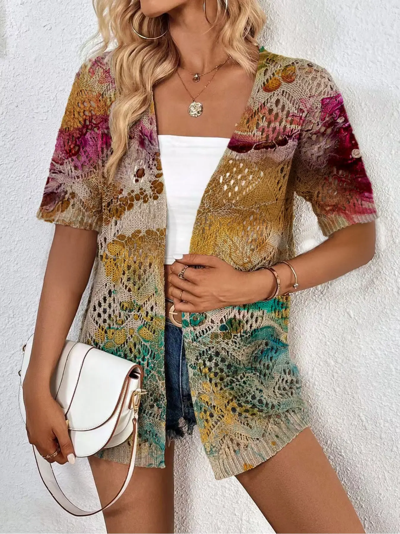 Spring/Summer, elegant commute, vacation seaside bohemian style, contrast color-block print, short-sleeve women's slightly stretchy knitted cardigan, vest cover-up, Knit V Neck