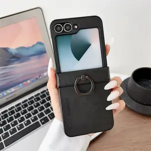 Luxury High-end Leather Ring Holde Fold Phone Cases For Samsung Z Flip 7 6 5 4 3 5G 3in1 Shockproof Plain Hinge Protection Cover