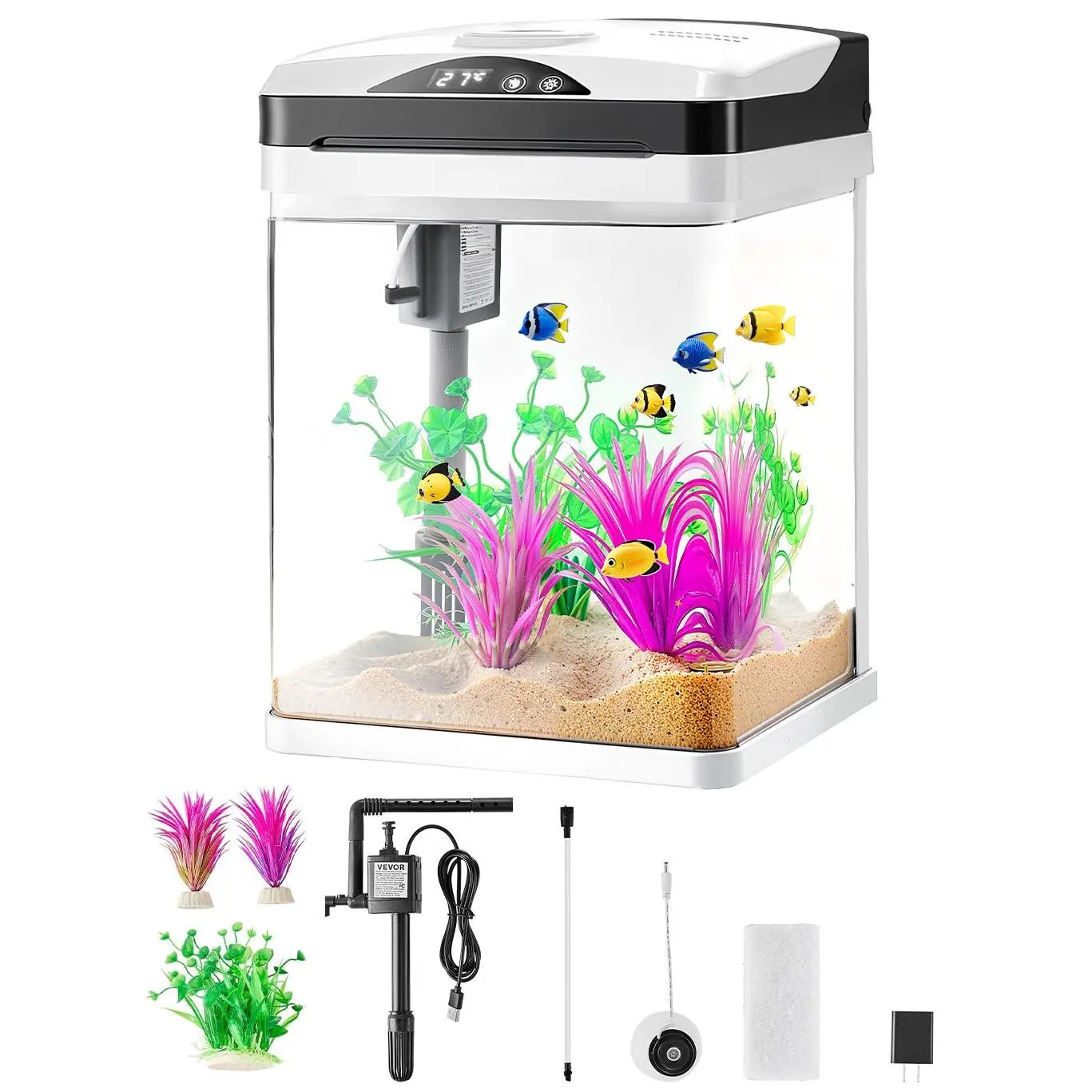 【Summerfinds】VEVOR 2gal Smart Self-Clean Ultra-Clear Glass Fish Tank Aquarium - LED Square Tank with Temperature Monitoring, Adjustable 7-Color Lighting, for Freshwater, Saltwater Fish, Home Use