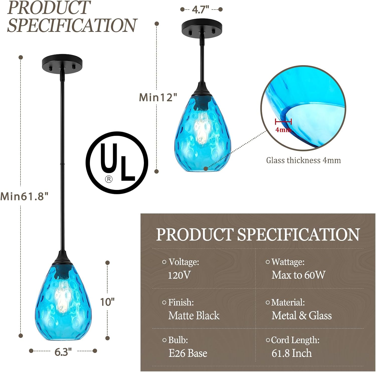 Glass Pendant Lights Kitchen Island, 1-Light Modern Black Fixtures with Blue Hammered Glass & Rods Small Hanging Light for Kitchen Sink Dining Room Bathroom