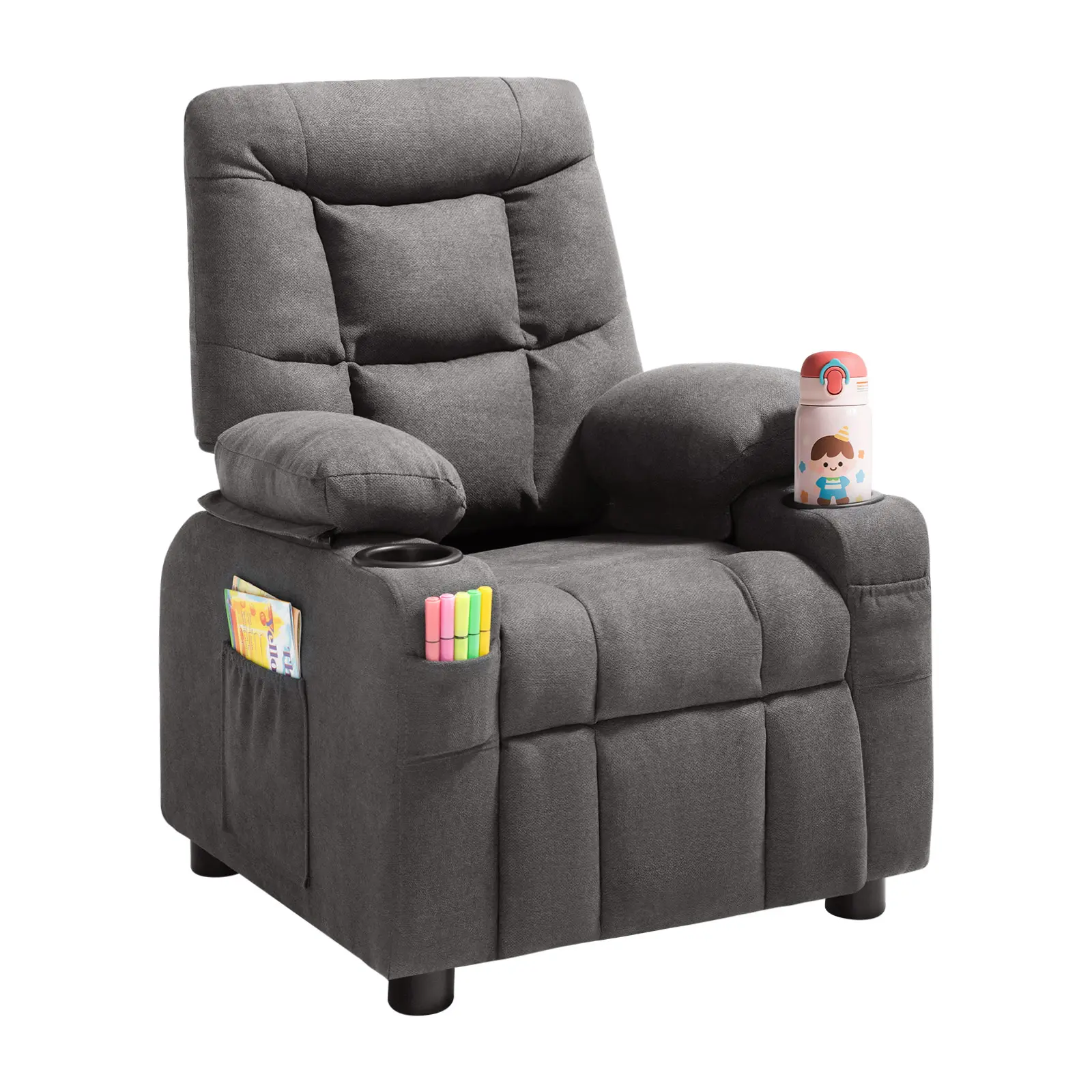【SummerFinds】VEVOR Kids Recliner Chair, Toddler Lounger with Cup Holders & Pockets, 107° to 126° Adjustable Back, Breathable Polyester Upholstery Reclining Sofa with Foot-rest, for Boys and Girls, Children (Gray)