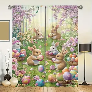 2pc, Easter theme. Installation via pocket rod. Rabbit and egg digital printed curtains. Suitable for living room, closet, bedroom, study, dining room and home decoration. Window Curtain