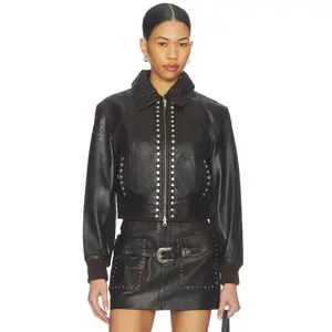 Understated Leather Studded Jacket in Vintage Brown