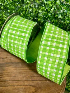 2.5 Inch Green Watercolor Check Deluxe Dupioni Backed Wired Edge Ribbon