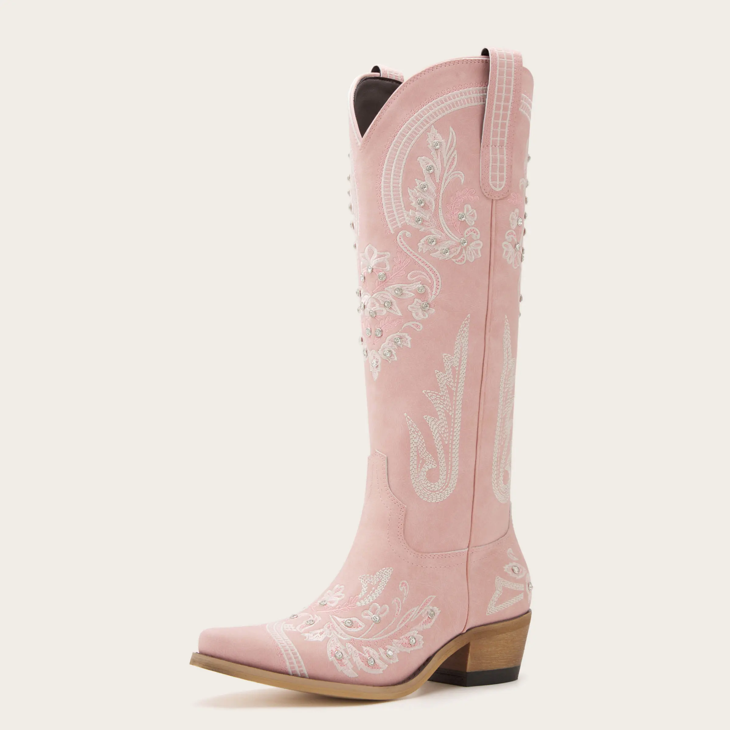 Cowgirl Boots Creamy White with Sparkling Rhinestone Embellishments Snip Toe Chunky Heel Fashion Retro Classic Tall Boot for Weddings