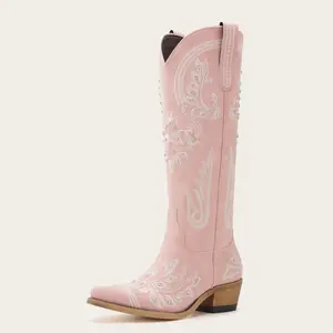 Cowgirl Boots Creamy White with Sparkling Rhinestone Embellishments Snip Toe Chunky Heel Fashion Retro Classic Tall Boot for Weddings