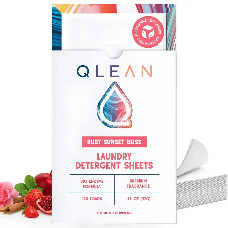 Qlean Laundry Detergent Sheets – Plastic-Free, Bio-Enzyme Formula with 4X Surfactant Power for Deep Clean | HE & Standard Washer Safe | Travel-Friendly, Quick-Dissolving, Skin-Friendly | Powerful Stain Removal Without Harsh Chemicals