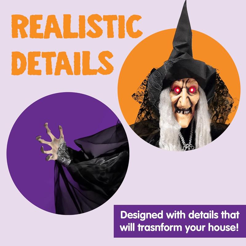 47” Animated Witch Halloween Decoration – Scary Animatronic Witch for Indoor and Outdoor Use. Features a Hanging Design Ornaments