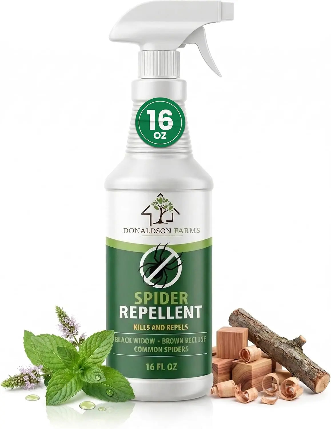 Donaldson Farms Spider Repellent Spray, Natural Formula with Peppermint and Cedarwood, Kills All Common Spiders, Black Widows and Brown Recluses, 16 FL OZ