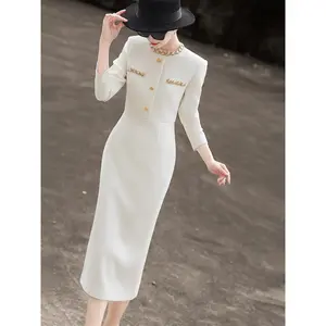 MEXCOCO 2025 Autumn New Style Commuting Heavy Industry Nail Bead Slimming Dress for Women