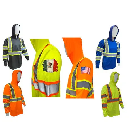 High Visibility Hooded Long-Sleeve Construction-Grade Safety Vest, Breathable Lightweight Fabric, Reflective Design, Custom Flag Option for Construction Work Safety Gear, Long Sleeves, Breathable Safety Vests